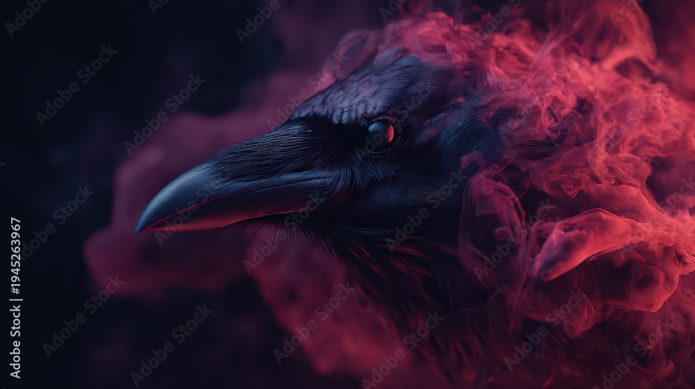 Naklejka premium Dark bird with smoke effect in background shows a close view of a raven. The scene captures the bird's details and colors in a creative manner