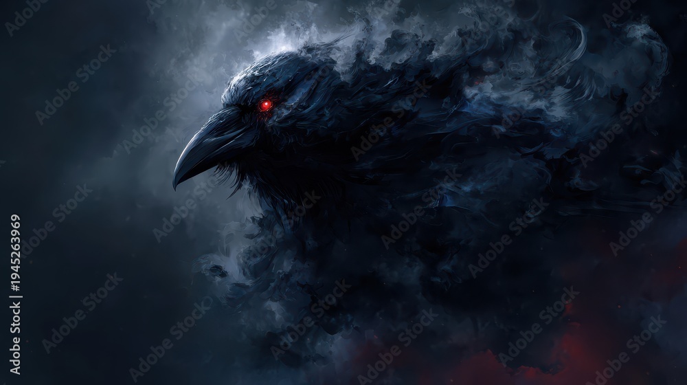 Obraz premium Dark figure of a bird in a stormy sky with red eyes showing in the clouds and smoke