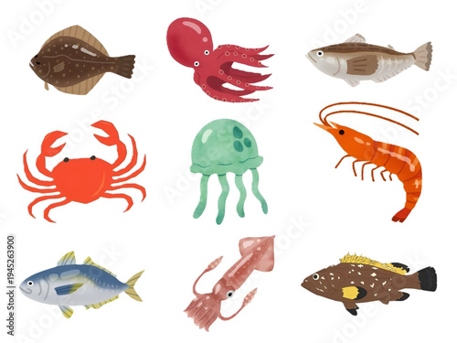 水彩タッチの海の仲間たちイラストセット
