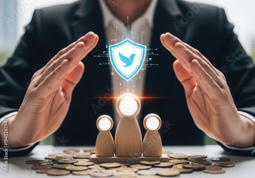 Businessman protecting family and finances with security shield