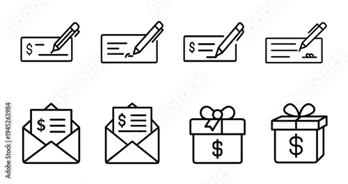 Bank check and gift box outline icon featuring dollar payment signature, financial reward envelope, money bonus package more vector illustration or editable stroke.