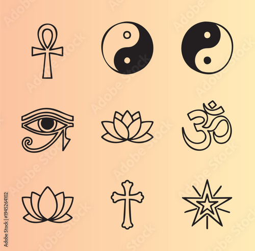 Collection of spiritual and religious symbols including yin yang cross lotus flower and more