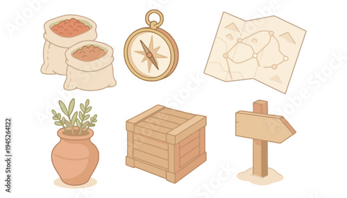 A treasure map illustration with a compass and wooden crate icon
