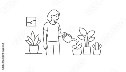 A woman watering plants in a minimalist indoor setting with a pink outfit