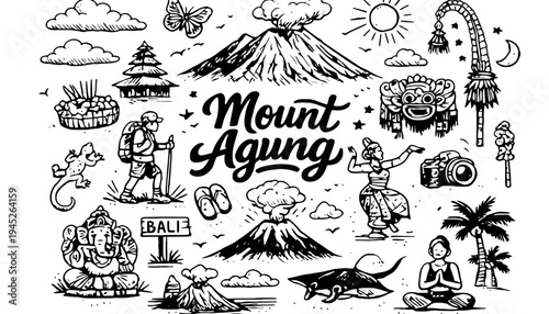 Mount Agung vector illustration with various Balinese cultural icons and symbols