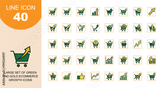 Large set of green and gold ecommerce growth icons, including shopping carts, upward arrows, profit charts, trends, and business analytics.