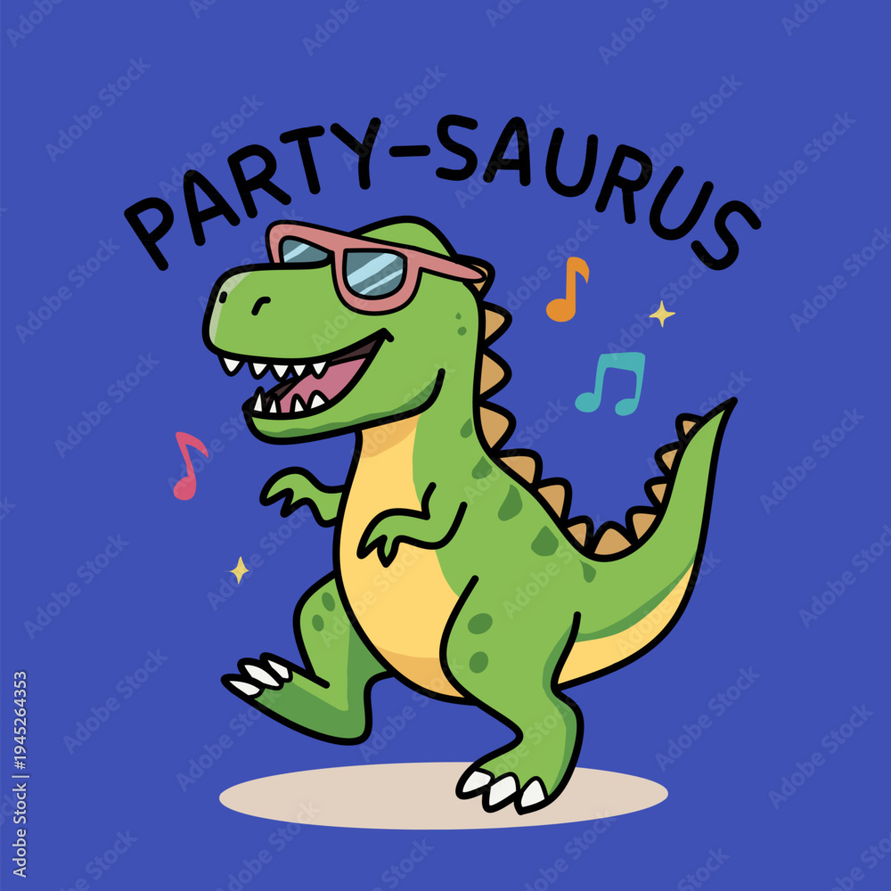 Obraz premium Cool Dinosaur T-Rex Dancing with Sunglasses and Music Notes