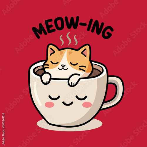 Cute Cat Sleeping in Coffee Cup Kawaii Animal Vector