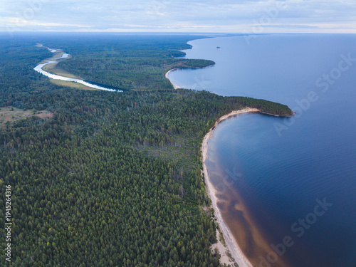 Canvastavla Karelia, Lake Onega shore aerial view. Russia