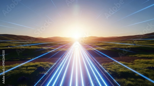 Futuristic landscape with blue light beams and sunrise over rolling hills
