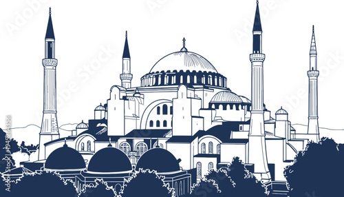 Hagia Sophia iconic illustration with minarets and domes in blue and white