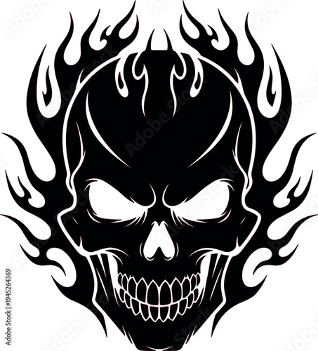 Flaming skull head illustration with fire flames in dark gothic style vector isolated design