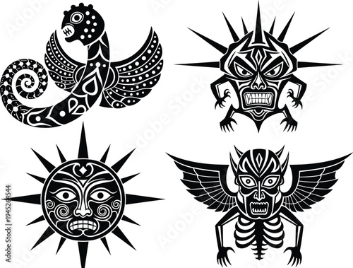Tribal mythological illustration set, black and white artwork, serpent creature design, fierce humanoid figure, celestial sun motif, supernatural winged being