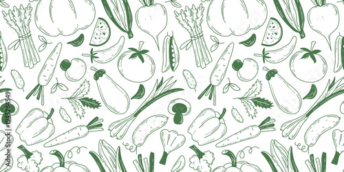 Hand engraved vegetable seamless pattern. Background with green silhouettes of fresh vegetables. Healthy organic food print. Loose drawing, vector graphics