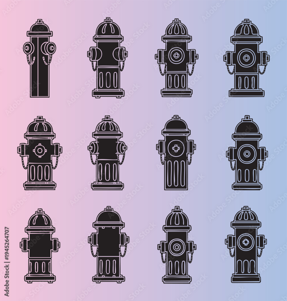 Obraz premium Collection of twelve stylized fire hydrant icons in uniform design and layout perfect for graphic projects