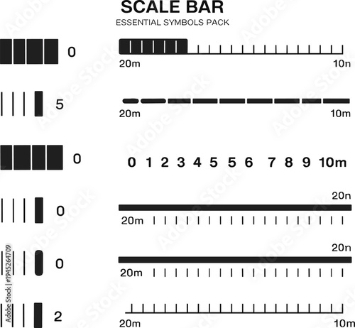 Black and white scale bars with various measurement units and numerical indicators numbers