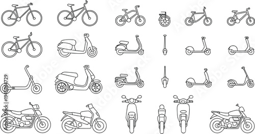 Collection of various bicycles, scooters, and motorcycles in a line style line black and white transportation