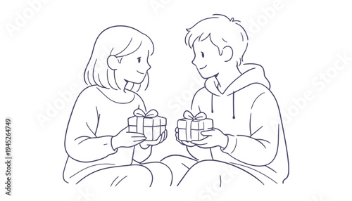 A couple exchanging gifts in a cute illustration style