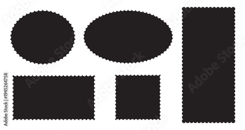 Postage stamp borders set vector. Silhouette stickers circle, square, oval and rectangle labels. Set of frames with zigzag edge, scallop edge shapes 