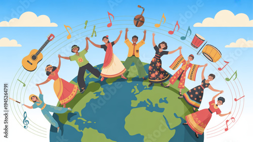 Diverse people dancing on globe with musical instruments and notes symbolizing global unity and celebration of music and culture