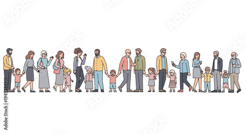Minimalist flat vector illustration of a large diverse group of people standing in a long horizontal row.