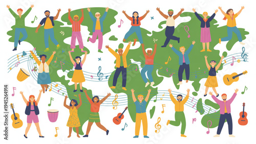 People from diverse cultures dancing on a green world map with musical instruments and notes symbolizing global unity and joy through music