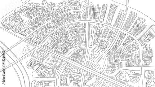 Detailed black and white line of a city plan with buildings roads and parks