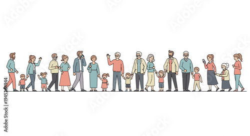 Minimalist flat vector illustration of a large diverse group of people standing in a long horizontal row.