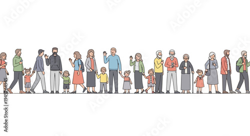 Minimalist flat vector illustration of a large diverse group of people standing in a long horizontal row.