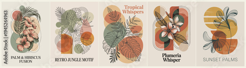 Tropical foliage and soft pastel shapes blend harmoniously. Earthy tones evoke calm, warm, and natural feelings. Botanical illustrations feel organic, soothing, and artistic