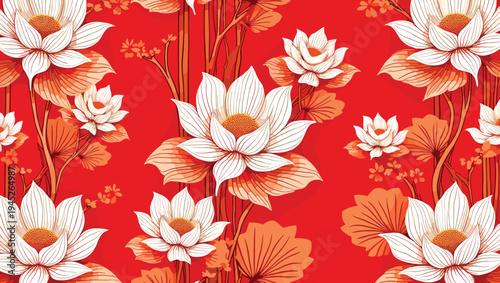 Luxury Lotus Flower Seamless Pattern on Red Background, Elegant Asian Textile Design