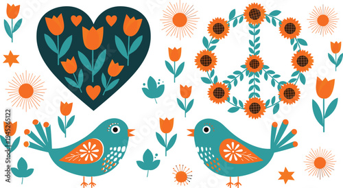 Love and peace folk art illustration, colorful birds, floral heart tulips, sunflower peace symbol, teal orange nature harmony design