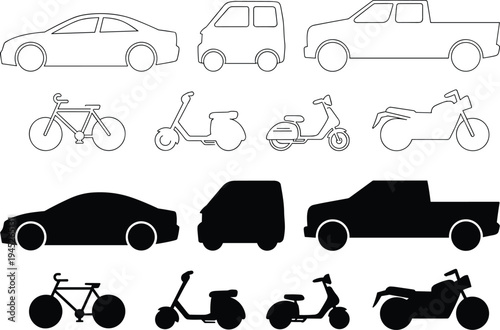 Set of black and white vehicle and transportation including cars, trucks, bicycles, and motorcycles
