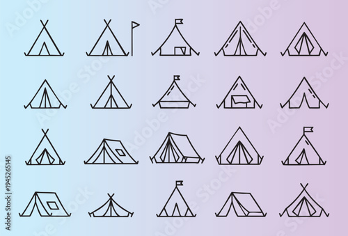Collection of various camping tent icons in minimalist line art style perfect for outdoor adventure graphics and travel designs