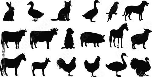 Large Farm Animal Silhouette Vector Set Featuring Cow Horse Pig Sheep Turkey Chicken Duck Rabbit Cat and Dog for Rural Designs