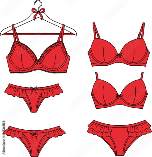 Red lingerie set collection, women bra and panties, stylish feminine underwear fashion, elegant intimate apparel illustration isolated designRed lingerie set 