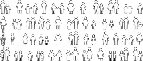 Various groups of stick figure people holding hands in different formations on a white background