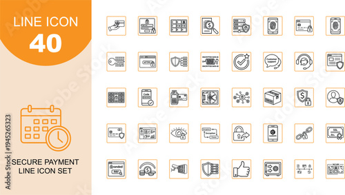 Secure payment line icon set, cyber security data protection, digital banking privacy shield, online internet transaction, outline vector illustration design