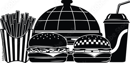 Black and White Fast Food Icon Set – Burgers, Fries, Drink