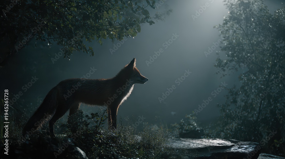 Obraz premium Silhouette of a fox standing on a rock in the forest at night under moonlight