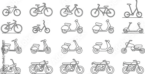 Various types of bicycles and motorcycles in a line-up of black and white line scooters mopeds line black and white