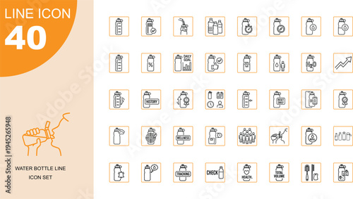 Water bottle line icon set, daily hydration intake tracking app, healthy drink wellness fitness goal, outline vector digital illustration design