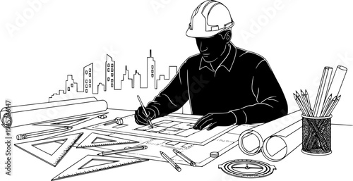 Architectural Workspace and Engineering Drafting Silhouette - Technical Drawing Tools and Blueprint Concept Vector