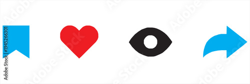 social media icons set with eye views, heart, like, save, share, and send arrow symbols, for engagement and interaction, apps, UI, and messaging interfaces 