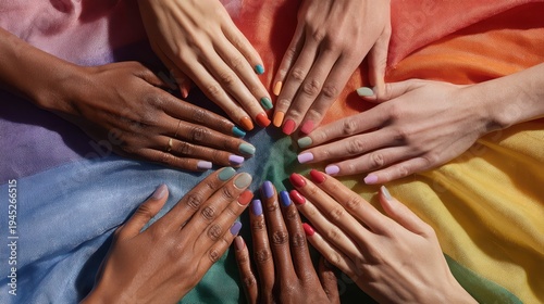 A top view of multiple people of different ethnicities placing their hands in a circle, showcasing vibrant multi-colored nail polish over a rainbow fabric.