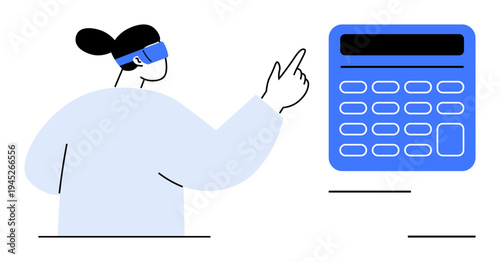 Technology integration, digital tools, futuristic concepts, financial analysis, productivity, and remote work. A person wearing a visor interacting with a virtual calculator. Technology integration