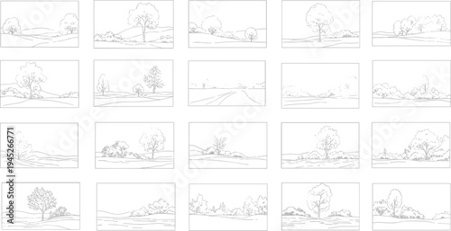 Silhouette of a person standing near a tree on a hillside landscape with various compositions and styles