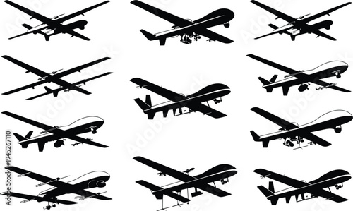 Unmanned combat aerial vehicles collection, military surveillance drones in multiple angles representing modern warfare technology defense systems and advanced aviation capabilities.