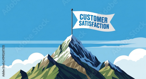 Mountain peak with customer satisfaction flag symbolizing business success and goal achievement