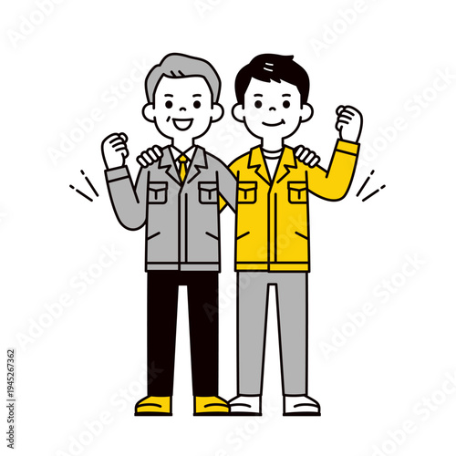 団結して頑張る、作業服を着た社長・工場長と若い男性従業員の全身ベクターイラスト素材